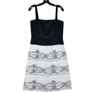 Nikki Valenti Dress Women 8 Black White Irish Linen Floral Embroidered Scallop